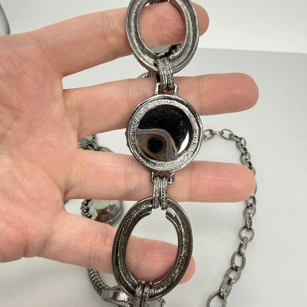Gunmetal Chain Link Belt with‎ Large Faceted Grey Crystals and Textured Ovals